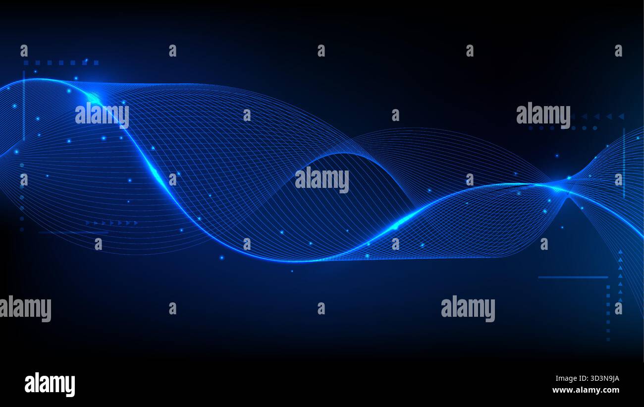 Abstrakter dunkelblauer Hintergrund mit einer dynamischen, leuchtend blauen Wellenlinie und fließenden Partikeln. Digitale Medien und Unternehmenswebsites. Zukünftige Technologie Stock Vektor
