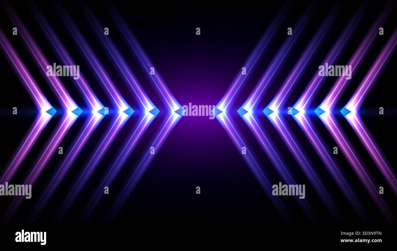 Abstrakter digitaler Hintergrund. Leuchtend violett und blau Neonlicht Streifen gegenüberliegende Pfeilform vor dunklem Hintergrund. Moderne Technologie, Hochgeschwindigkeitsdaten oder Stock Vektor
