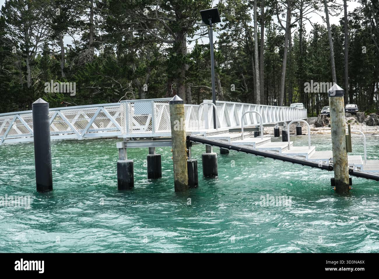 Ein moderner Pier aus weißem Metall mit Traversen-Design erstreckt sich über ruhiges, klares, grünes Wasser, das von Pfählen gestützt wird. Ein bewaldeter Wald säumt das Ufer, mit Parkplätzen Stockfoto