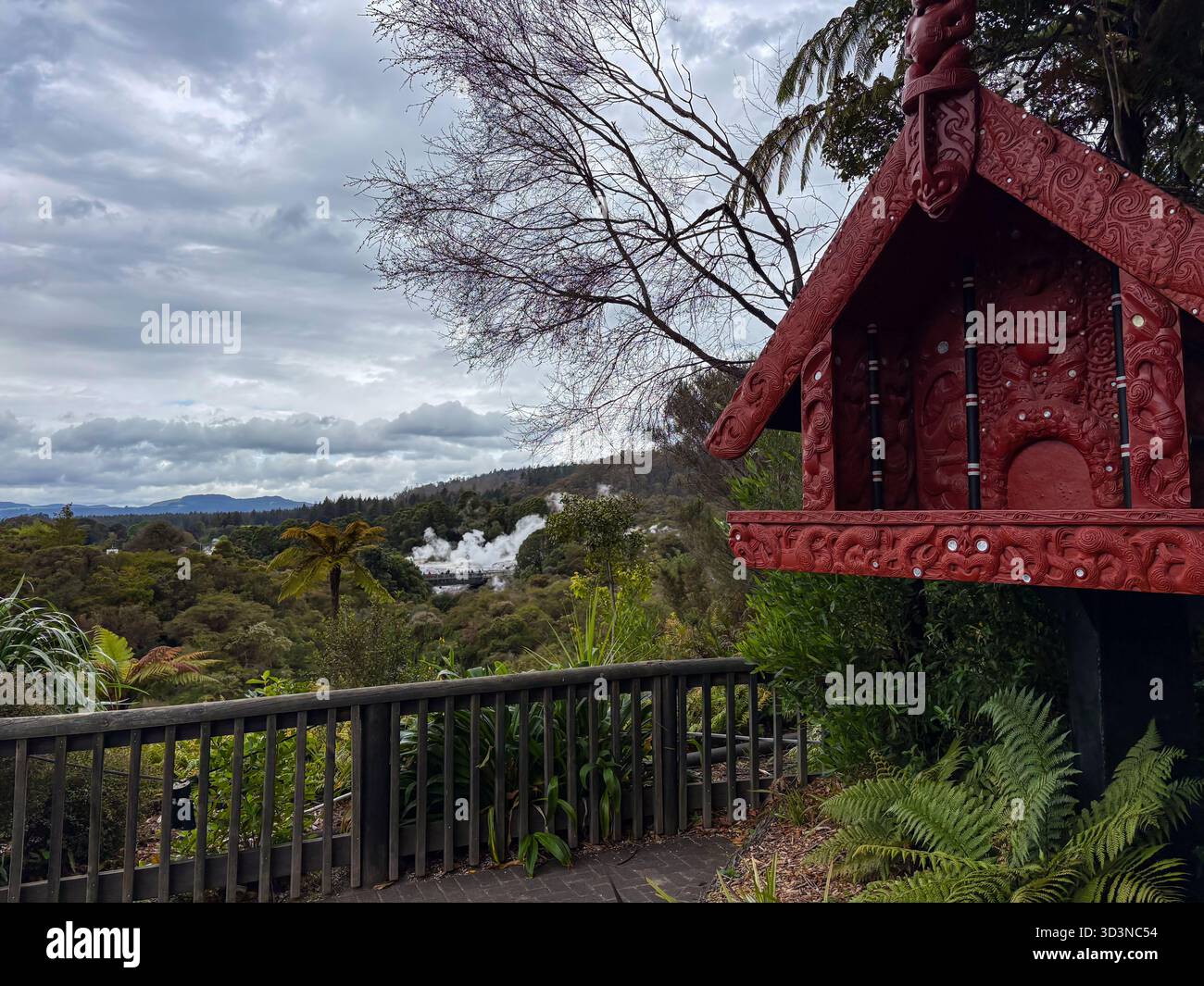 Maori geschnitzte Struktur mit Blick auf das Whakarewarewa Geothermal Valley mit Dampfauslässen, Te Puia, Rotorua, Neuseeland. Kulturelles Erbe und Natur Stockfoto