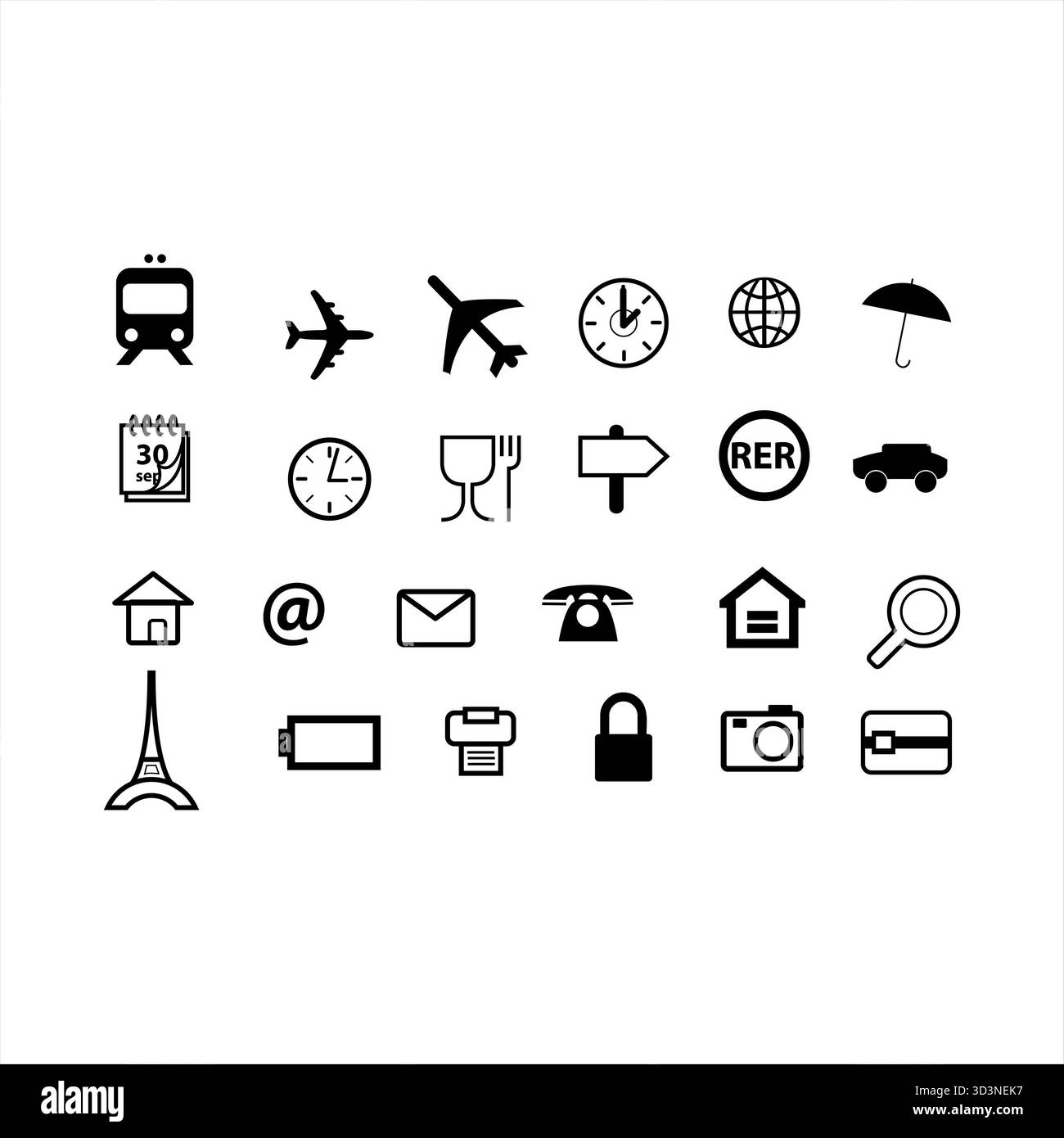 Sammlung wichtiger weißer Symbole für Reisekommunikation und -Technologie Stockfoto