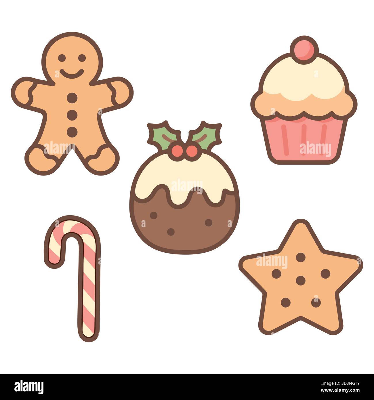 Niedliches Weihnachts-Cookie und Süßigkeiten-Vektor-Set – Lebkuchenmann, Cupcake, Pudding, Zuckerrohr, Sternkeks Stock Vektor