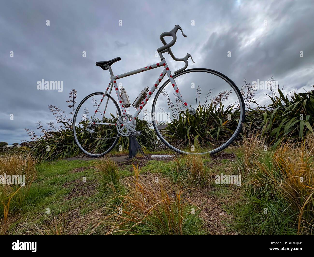 Riesige Fahrradskulptur in Taupo, Neuseeland. Ein weißes Rennrad mit roten Punkten auf einem grasbewachsenen Hügel unter bewölktem Himmel. Stockfoto