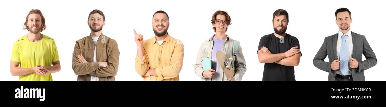 Collage junger Männer auf weißem Hintergrund Stockfoto