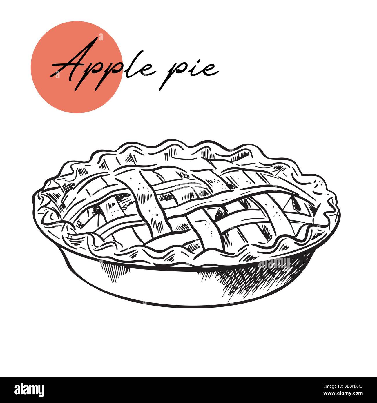 Handgezeichneter ganzer traditioneller Apfelkuchen-Skizze. Süße Bäckerei, Obst. Seitenansicht. Illustration zum Backen von Vektortinten. Essen für Thanksgiving, Herbst... Stock Vektor