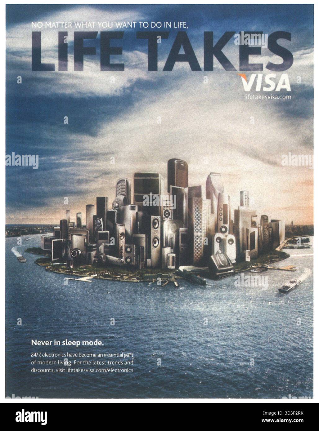2007 Life Takes Visa-Werbespot „Never in Sleep Mode. Elektronik ist zu einem wesentlichen Bestandteil des modernen Lebens geworden.“ Stockfoto