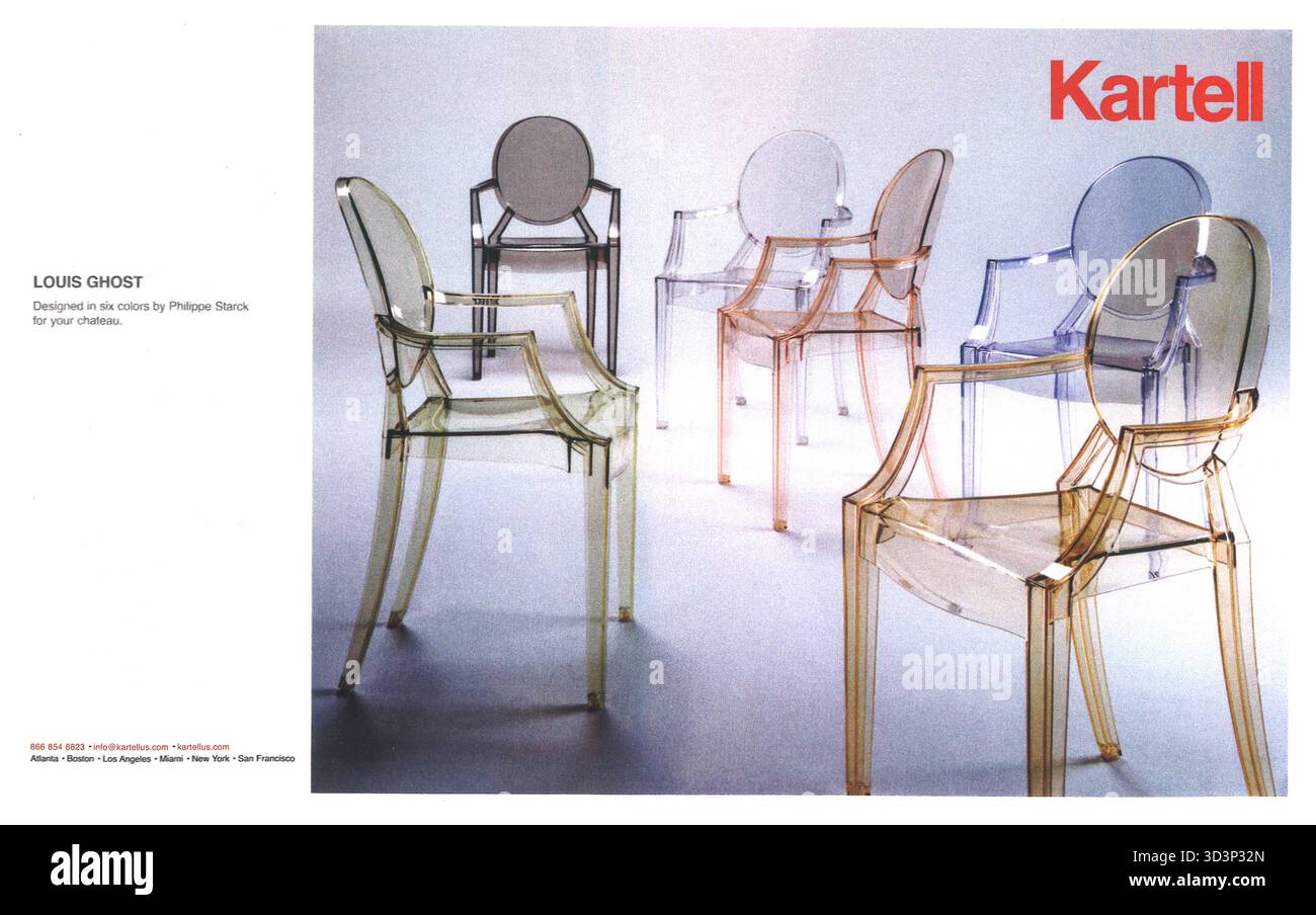 2003 Louis Ghost Sessel Ad, entworfen von Philippe Starck für die italienische Möbelfirma Kartell Stockfoto