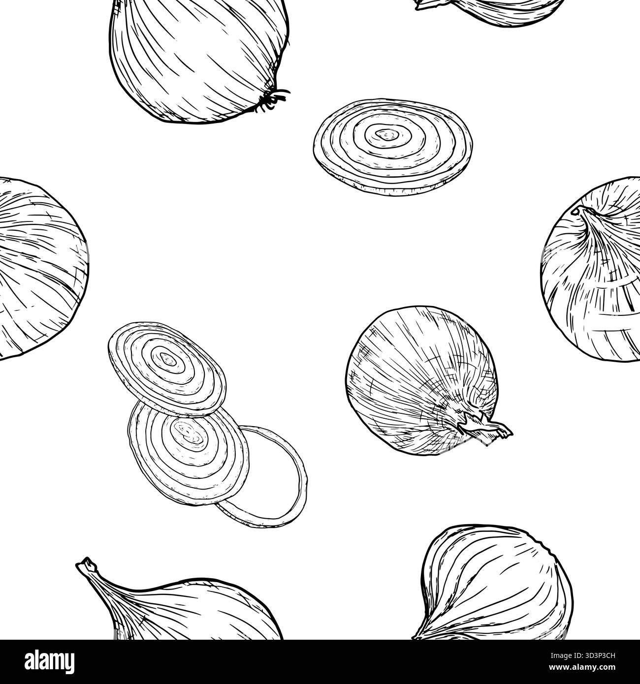 Zwiebel, ganz und in Ringe geschnitten, nahtloses Muster. Vektorabbildung. Bauerngemüse Skizze, isoliert auf weißem Hintergrund. Für Rezepte, Menüs, für Stock Vektor