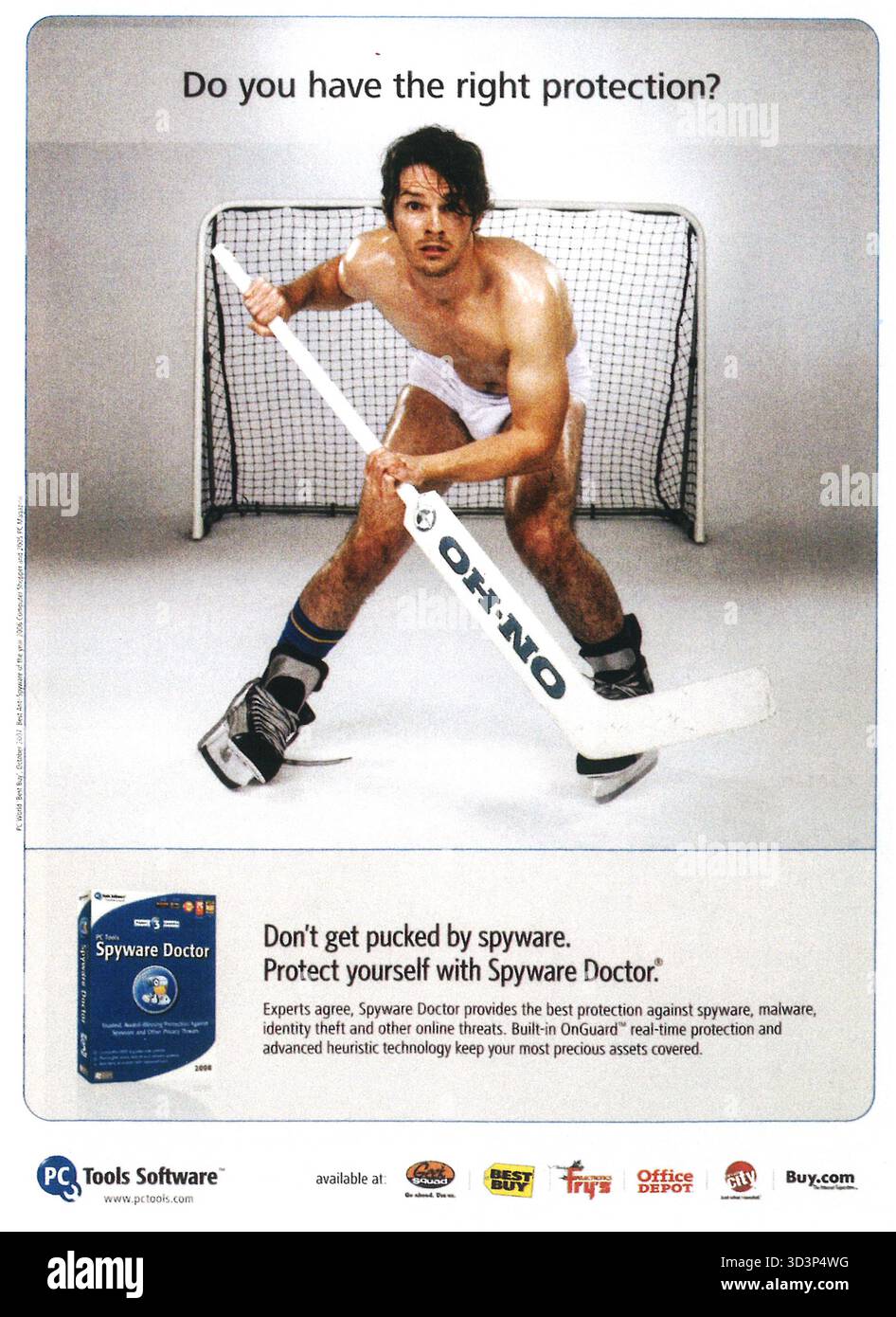 2008 Spyware Doctor by PC Tools Software Werbespot mit einem Hockey-Torwart „Don't get pucked by Spyware“. Stockfoto