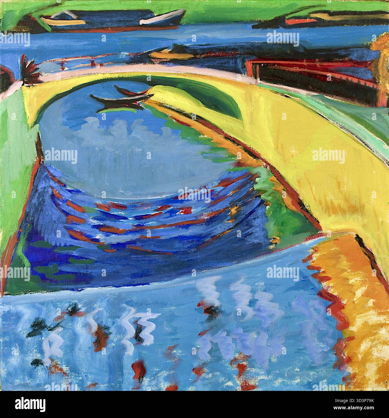Ernst Ludwig Kirchner – Brücke an der Mündung der Priessnitz – 1910-1920 – das Gemälde zeigt eine Brücke über einen Fluss, mit zwei Booten im Wasser. Der Künstler verwendet einen mutigen, expressionistischen Stil mit lebendigen, nicht naturalistischen Farben und verzerrten Formen, um ein Gefühl von Energie und Emotionen zu vermitteln. Das Wasser ist eine Mischung aus Blau, Grün und Gelb, mit einem dunkelblauen Bereich unter der Brücke. Die Landschaft rund um den Fluss und die Brücke ist hellgelb und grün dargestellt. Stockfoto