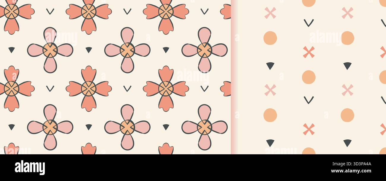 Blume Kinderzimmer nahtloses Muster Set aus 2, lineare Pastellrosa dekorative florale Wiederholungskollektion, handgezeichneter Pinselstift im Doodle-Stil Stock Vektor