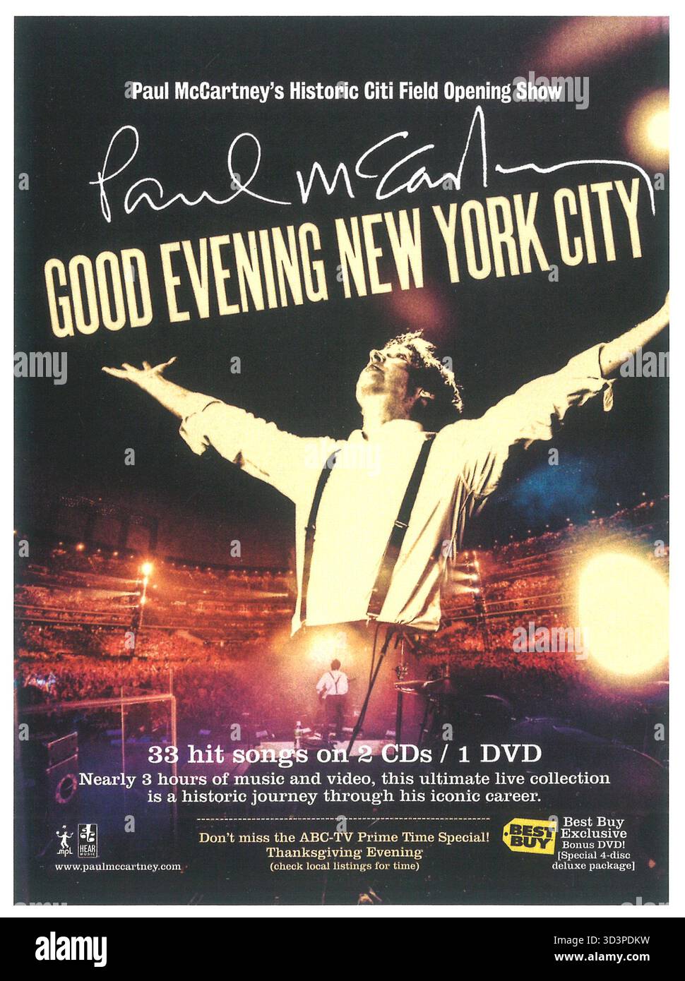 2009 Paul McCartney Live-Album und Konzertfilm Good Evening New York City ABC-TV Prime Time Special, CD- und DVD-Werbespot Stockfoto