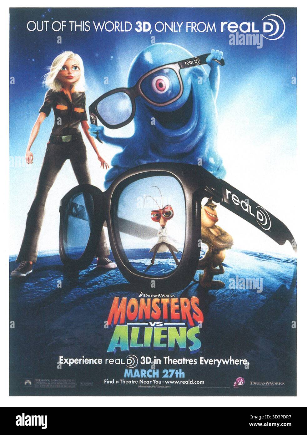 2009 Animationsfilm Monster vs. Aliens Poster. Es war der erste computeranimierte Spielfilm, der direkt in stereoskopischer 3D gedreht wurde Stockfoto