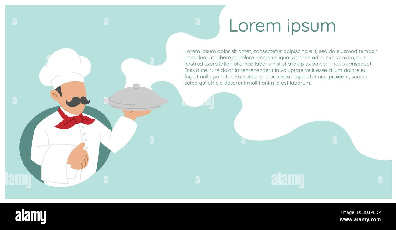 Kreative stilisierte Körperkoch mit leerem Gesicht und einem großen Schnurrbart, der eine silberne Platte hält, Pizza Vektor flache Design-Illustration mit einem hellbraunen Co Stock Vektor