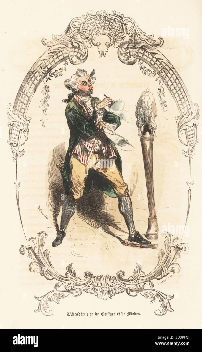 Monsieur Leonard, Leonard-Alexis Autié, Friseur und Perücke von Marie Antoinette. Kostüm eines Friseurs, Frankreich, 18. Jahrhundert. Gentleman in Puderperücke mit Pigtail, grüner Mantel mit Schere in den Taschen, gestreifte Weste, mit Puderpuffer auf einer Perücke. L'Academicien de Coiffure et de Modes. Handkolorierter Stahlstich nach einer Illustration von Theophile Fragonard, in einer dekorativen Kartusche von Pierre-Nicolas-Frederic Grenan, aus Augustin Challamels Autrefois ou Le Bon Vieux Temps, Types de 18e Siecle, Challamel et Cie, 1842. Stockfoto