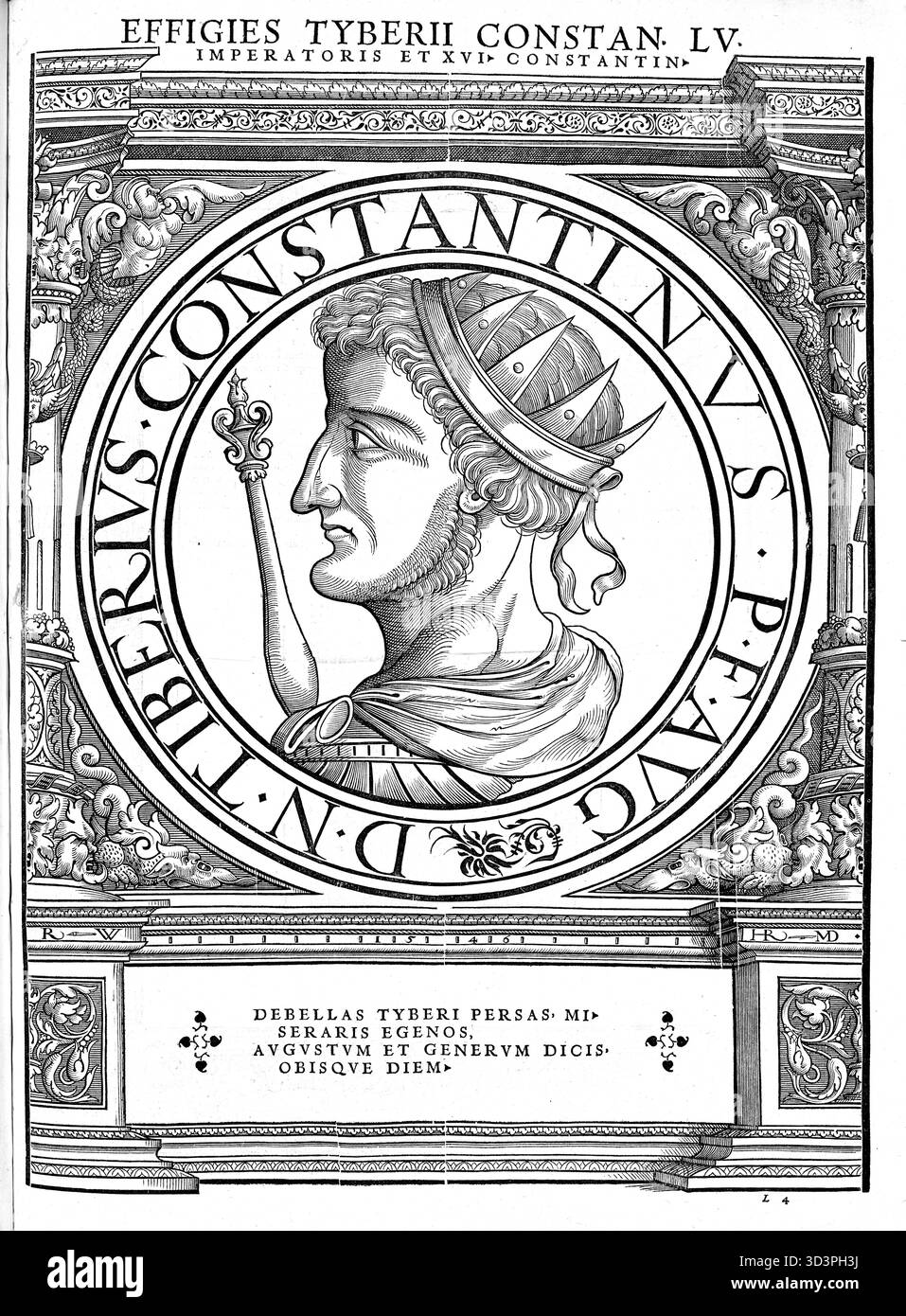 Tiberius I. (II) Konstantin, Tiberius Constantinus, starb am 13. August 582, Kaiser der Oströmischen Republik von 578 bis 582. Auf seinen Münzen und in amtlichen Dokumenten trug er stets den Namen Tiberius Constantinus, authentische, digital restaurierte Reproduktion eines Originals aus dem 19. Jahrhundert, kein Datum angegeben Stockfoto
