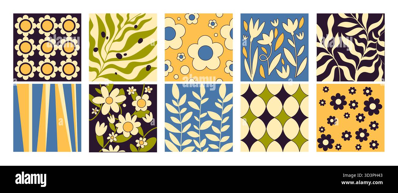 Retro-y2k-Blumenmuster mit Gänseblümchen, Blattmotiven und geometrischen Hintergründen. Streifen, botanische Elemente und niedliche Blüten in Vintage-Ästhetik. Nahtlose dekorative Kollektion. Stock Vektor