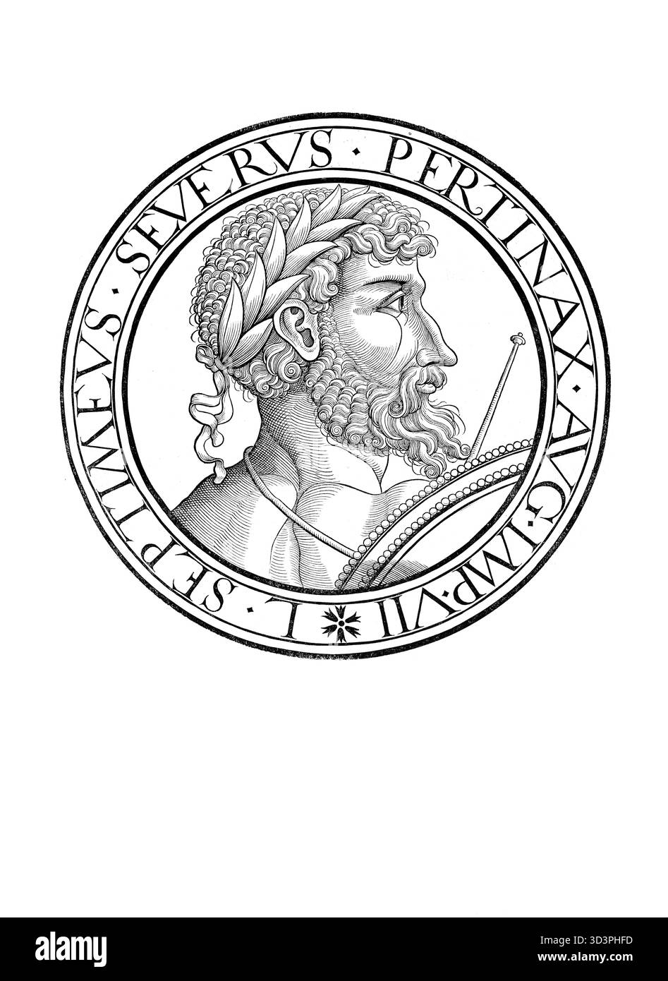 Lucius Septimius Severus Pertinax (* 11. April 146 in Leptis Magna im heutigen Libyen, gestorben am 4. Februar 211 in Eboracum, heute York) war römischer Kaiser vom 9. April 193 bis 4. Februar 211, authentische, digital restaurierte Reproduktion eines Originals aus dem 19. Jahrhundert, Rekorddatum nicht angegeben Stockfoto