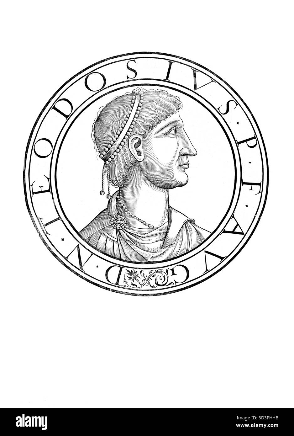 Theodosius I., Flavius Theodosius I. (* 11. Januar 347 in Cauca, Hispanien, gestorben am 17. Januar 395 in Mediolanum, heute Mailand), auch Theodosius der große, war römischer Kaiser von 379 bis 395 und der letzte Kaiser, der das gesamte Römische Reich regierte. Authentische, digital restaurierte Reproduktion eines Originals aus dem 19. Jahrhundert. Das Datensatzdatum wurde nicht angegeben. Stockfoto