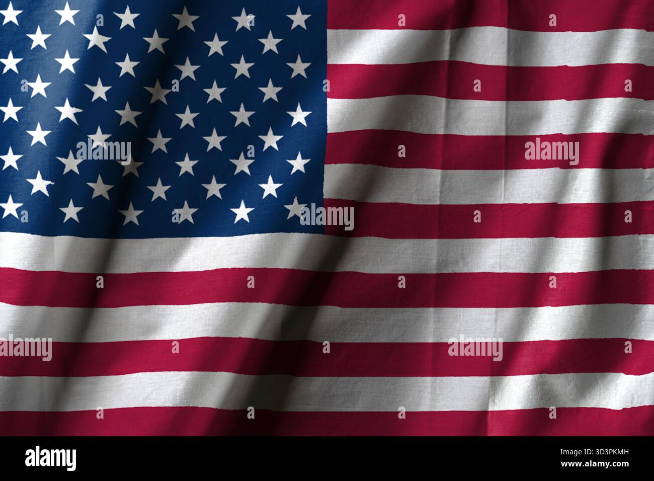 US-Flagge mit dreizehn roten und weißen Streifen und fünfzig weißen Sternen auf einem blauen Feld in der linken oberen Ecke. Stockfoto