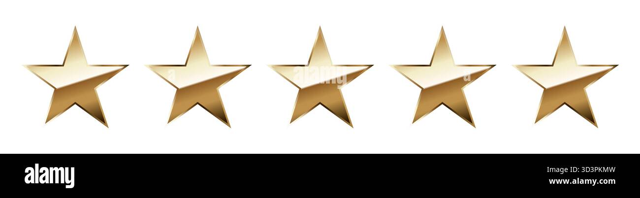 Fünf Sterne, goldene 3D-Sterne, goldene Sterne isoliert Stock Vektor