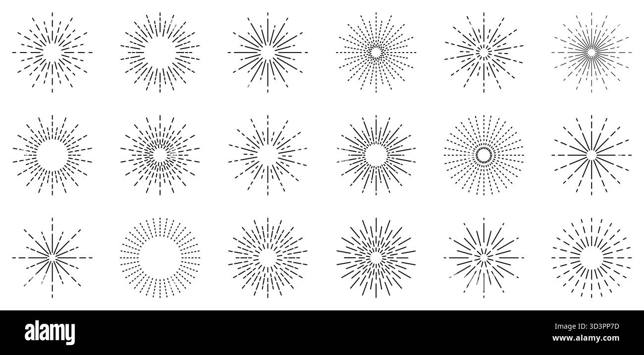 Sonnenuntergang, Sonnenstrahl Vektor-Symbole, Sonnenstrahlen, Sonnenlicht oder Feuerwerk auf isoliertem Hintergrund Stock Vektor