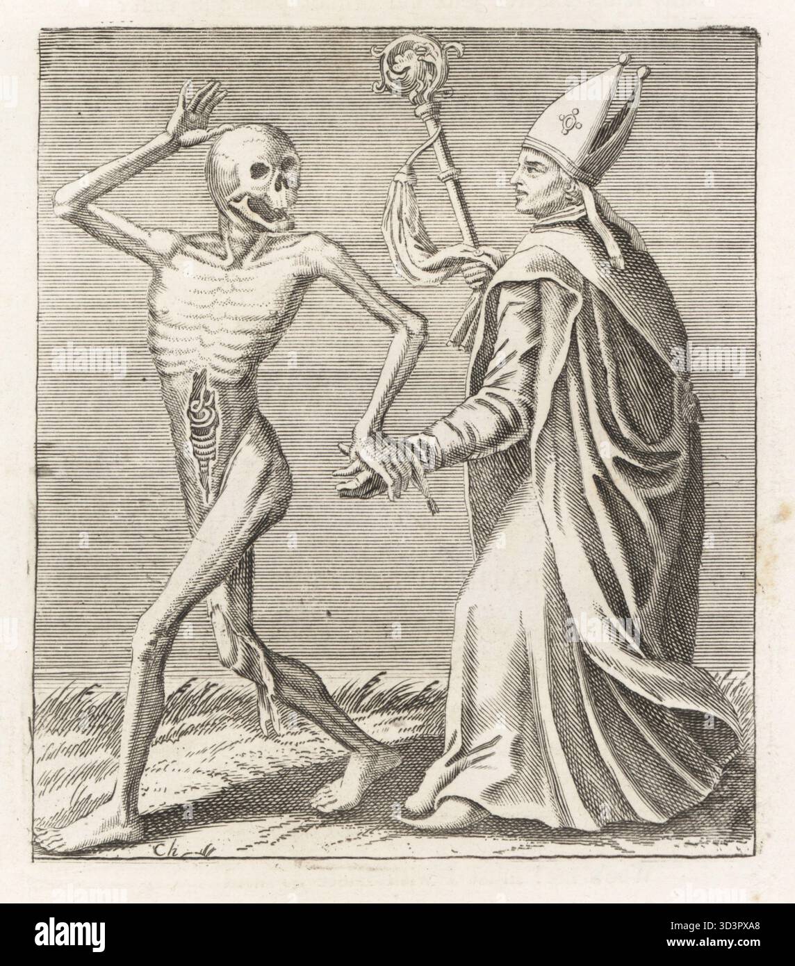 Leiche des Todes mit dem Bischof. Ein Leichnam mit freigelegten Eingeweiden greift einen Bischof an der Hand. Der Bischof in Mitra, Cope und Cassock hält einen crozier. Kupferstich von Jacques-Antony Chovin nach einer Illustration von Matthaus Merian aus Todtentanz der Stadt Basel: Der Tanz des Todes in Basel, La Danse des Morts a Bale, Basel, Schweiz, 1744. Stockfoto