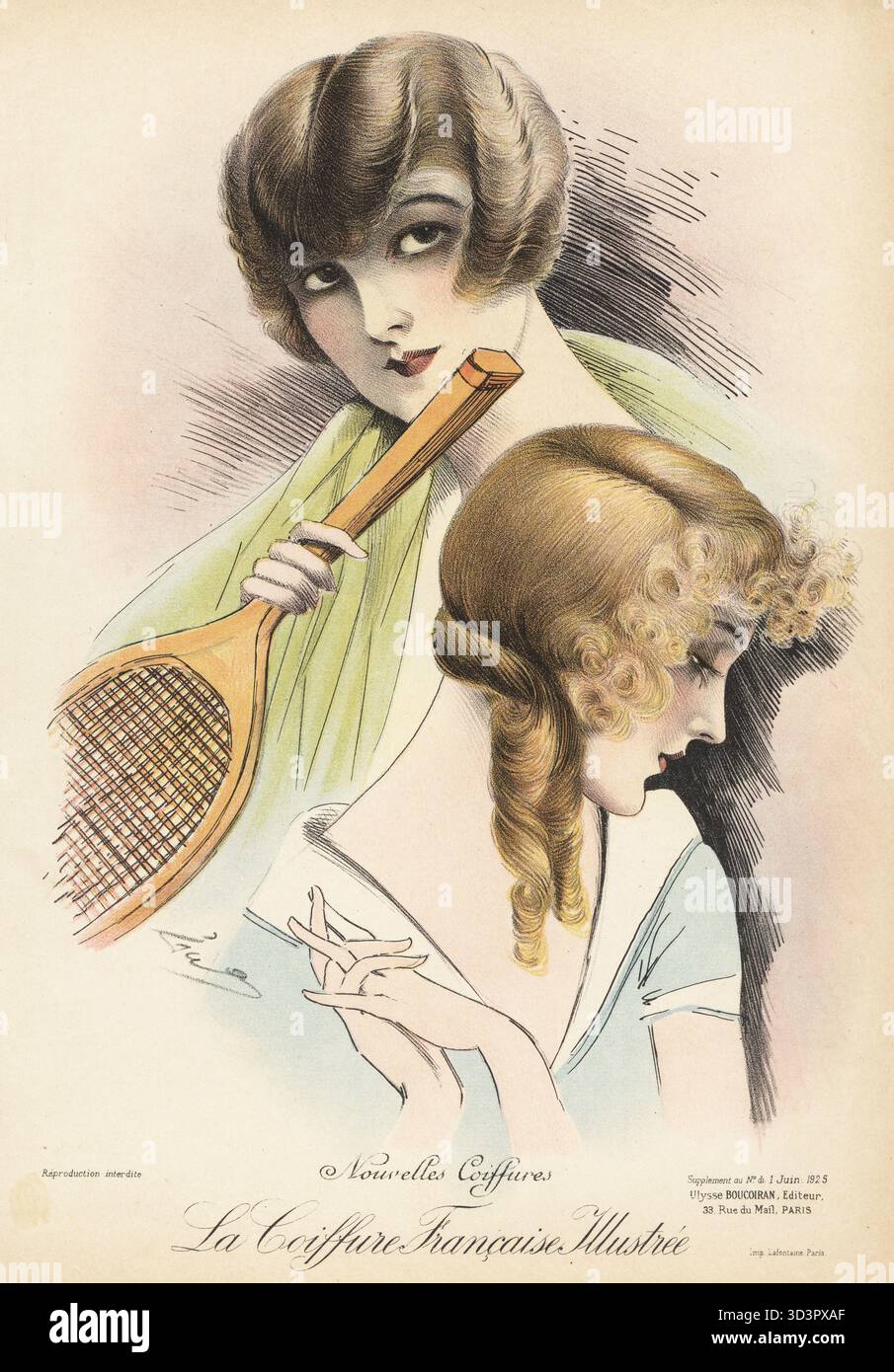 Neue Frisuren für sportliche Frauen, Paris, 1925. Mädchen mit kurzes, welliges bob, das einen Tennisschläger hält, und Frau mit krausen, gelockten Fransen oder Pony und Locken im Rücken. Nouvelles Coiffures. Chromolithograph von Geo aus La Coiffure Francaise Illustrée, französisches Friseurmagazin herausgegeben von Ulysse Boucoiran, 33 rue de Mail, Paris, Juni 1925. Stockfoto