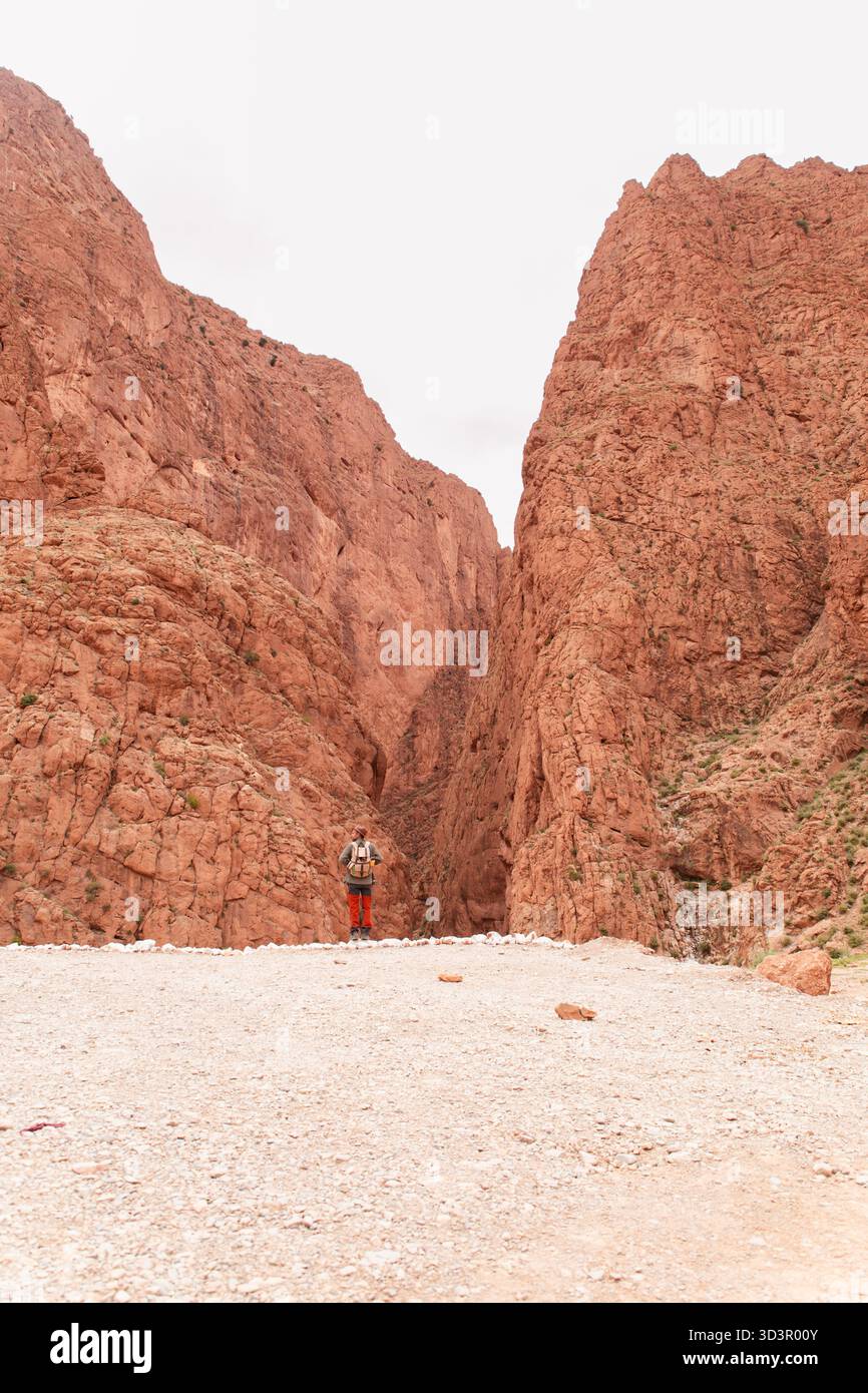 Ein Alleinreisender steht vor den majestätischen roten Felsformationen der Dades-Schlucht in Marokko, Teil des Atlasgebirges, und unterstreicht die Schönheit von AFR Stockfoto
