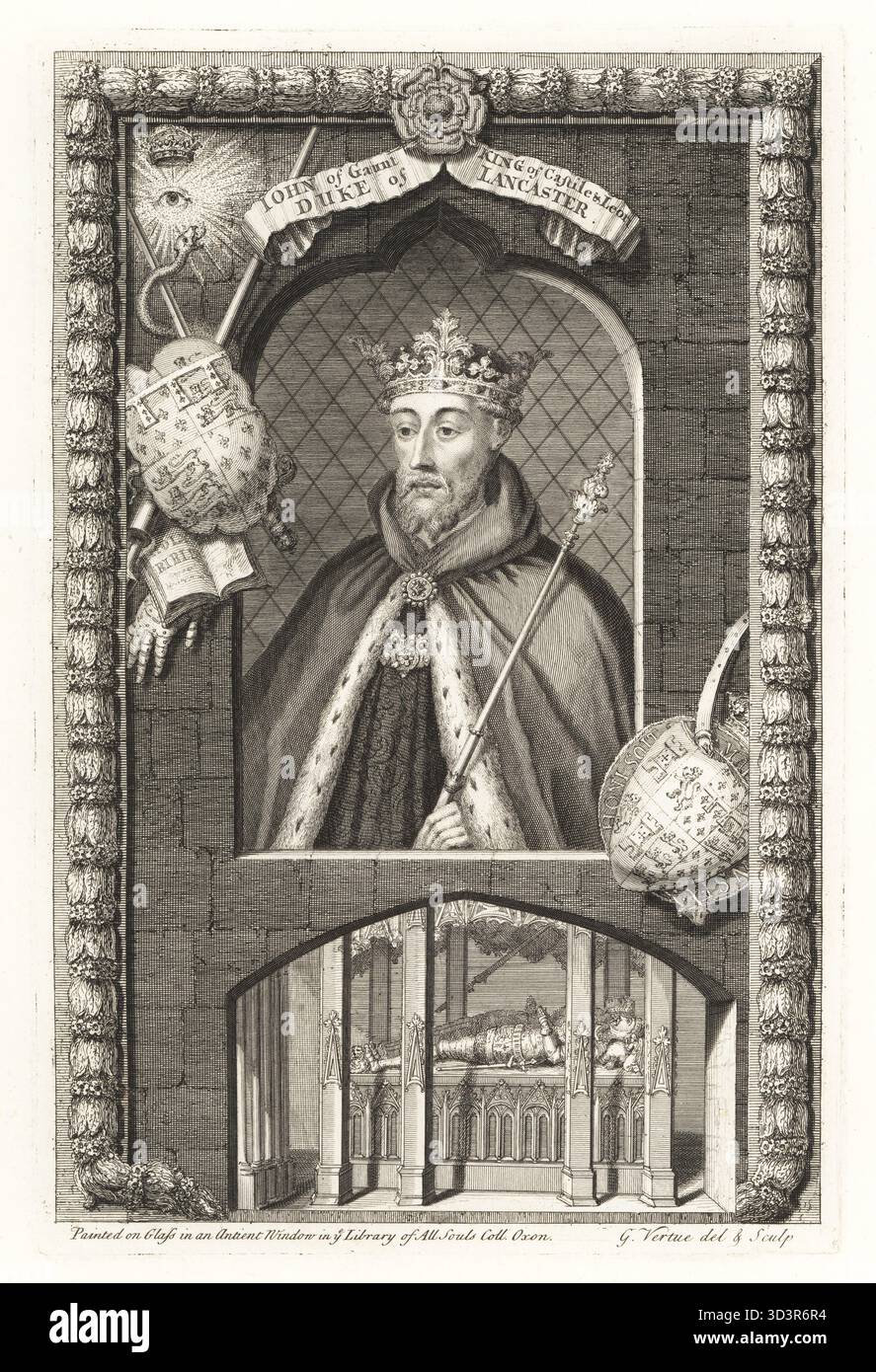 John of Gaunt, englischer Prinz, Militärführer und Staatsmann, 1340-1399. Porträt des Königs im Hermelinmantel, mit Krone und Zepter. Im Rahmen mit Wappen, Stulpen und Schwertern. Vignette seines Grabes mit Frau Blanche in der alten St. Paul's Cathedral. König von Kastilien und Leon, Herzog von Lancaster. Von einem Gemälde auf einem Glasfenster im All Souls College, Oxford. Kupferstich gezeichnet und graviert von George Vertue aus seinen Köpfen der Könige von England, passend für Mr Rapins Geschichte, übersetzt von N. Tindal, gedruckt für James, John and Paul Knapton, London, 1736. Stockfoto