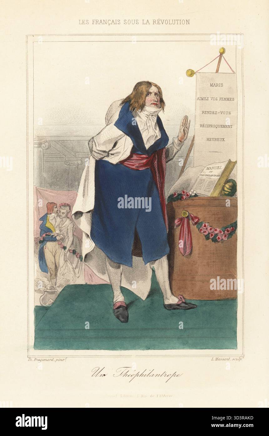 Ein Theophilanthroper, der aus dem Handbuch von Jean-Baptiste Chemin liest. Die Freunde Gottes und der Menschen, eine deistische Sekte, die in der Französischen Revolution blühte und vom Direktorium unterdrückt wurde. Un Theophilantrope. Handkolorierter Stahlstich von Leopold Massard nach einer Illustration von Theophile Fragonard aus Augustin Challamel und Wilhelm Tenint's Les Francais sous la Revolution, die Franzosen unter der Revolution, Challamel, Paris, 1843. Stockfoto