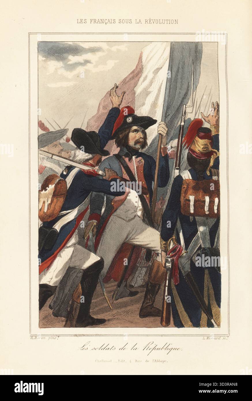 Soldaten der französischen Revolutionsarmee. Ein Offizier in Bicorne mit Kakade, der die Trikolore-Flagge hält, umgeben von Infanterie. Französische Republikanische Armee. Les Soldats de la Republique. Handkolorierter Stahlstich von Leopold Massard nach einer Illustration von Henri Baron aus Augustin Challamel und Wilhelm Tenint's Les Francais sous la Revolution, die Franzosen unter der Revolution, Challamel, Paris, 1843. Stockfoto