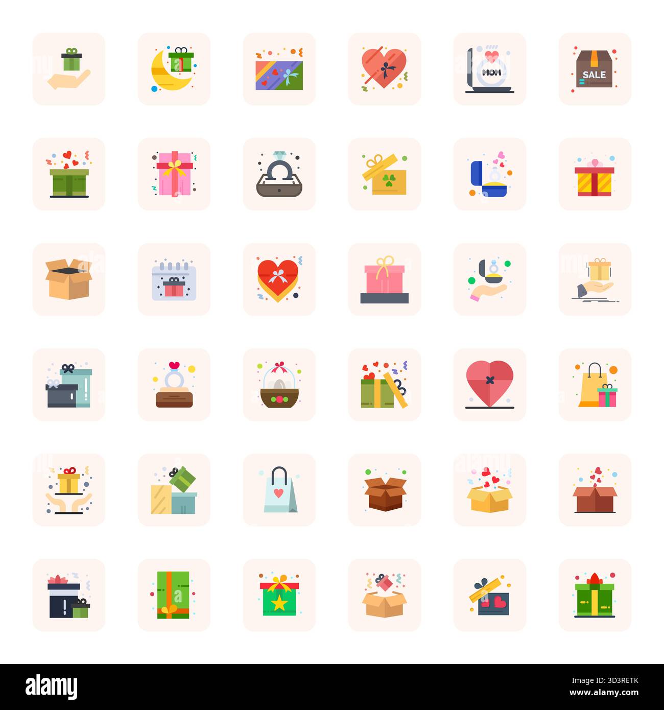 Raffiniertes Paket mit 36 flachen Vektorsymbolen für Geschenkbox, optimiert mit 64x64 Pixel optimierter Qualität für elegante und funktionale Designlösungen. Stock Vektor