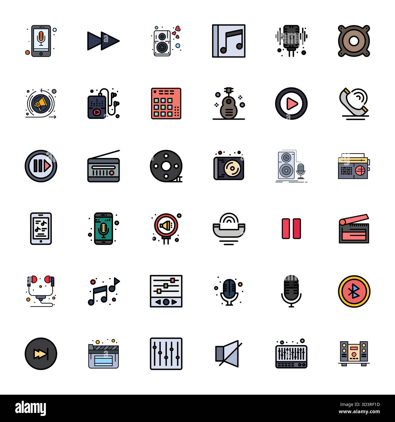 Hochwertige Sammlung von 36 mit flachen Linien gefüllten Vektorsymbolen für Audio, die in einer Auflösung von 256 x 256 Pixel für eine hervorragende visuelle Wirkung sorgfältig gefertigt wurden. Stock Vektor