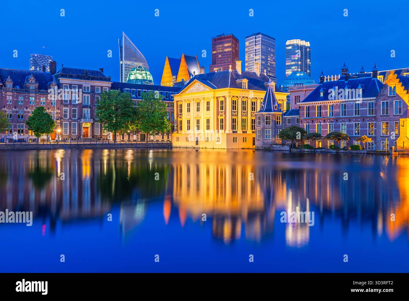 Den Haag, Niederlande. Downtown Skyline und Parlamentsgebäude in der Abenddämmerung. Stockfoto