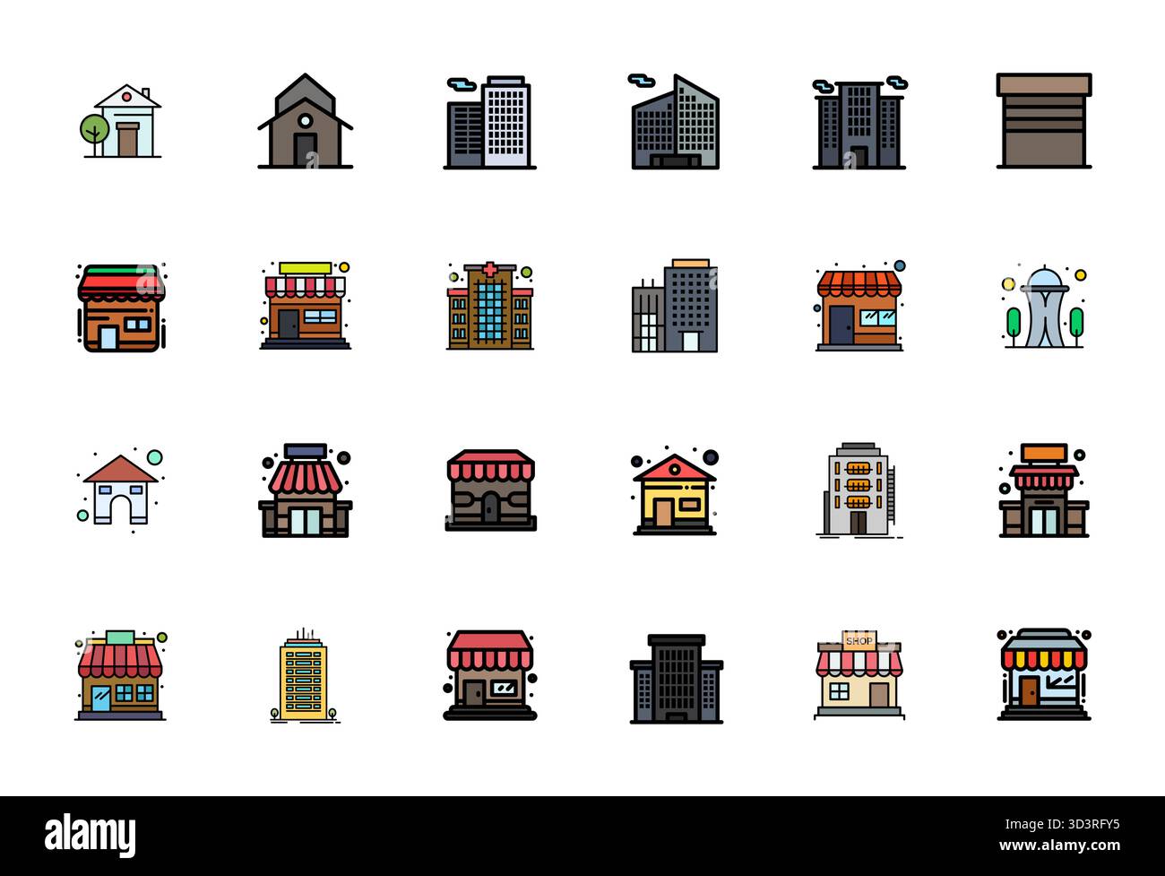 Professionelle Sammlung von 24 mit flachen Linien gefüllten Vektorsymbolen, die das Außendesign des Gebäudes darstellen, gefertigt mit 64x64-Rastergenauigkeit für enterpr Stock Vektor