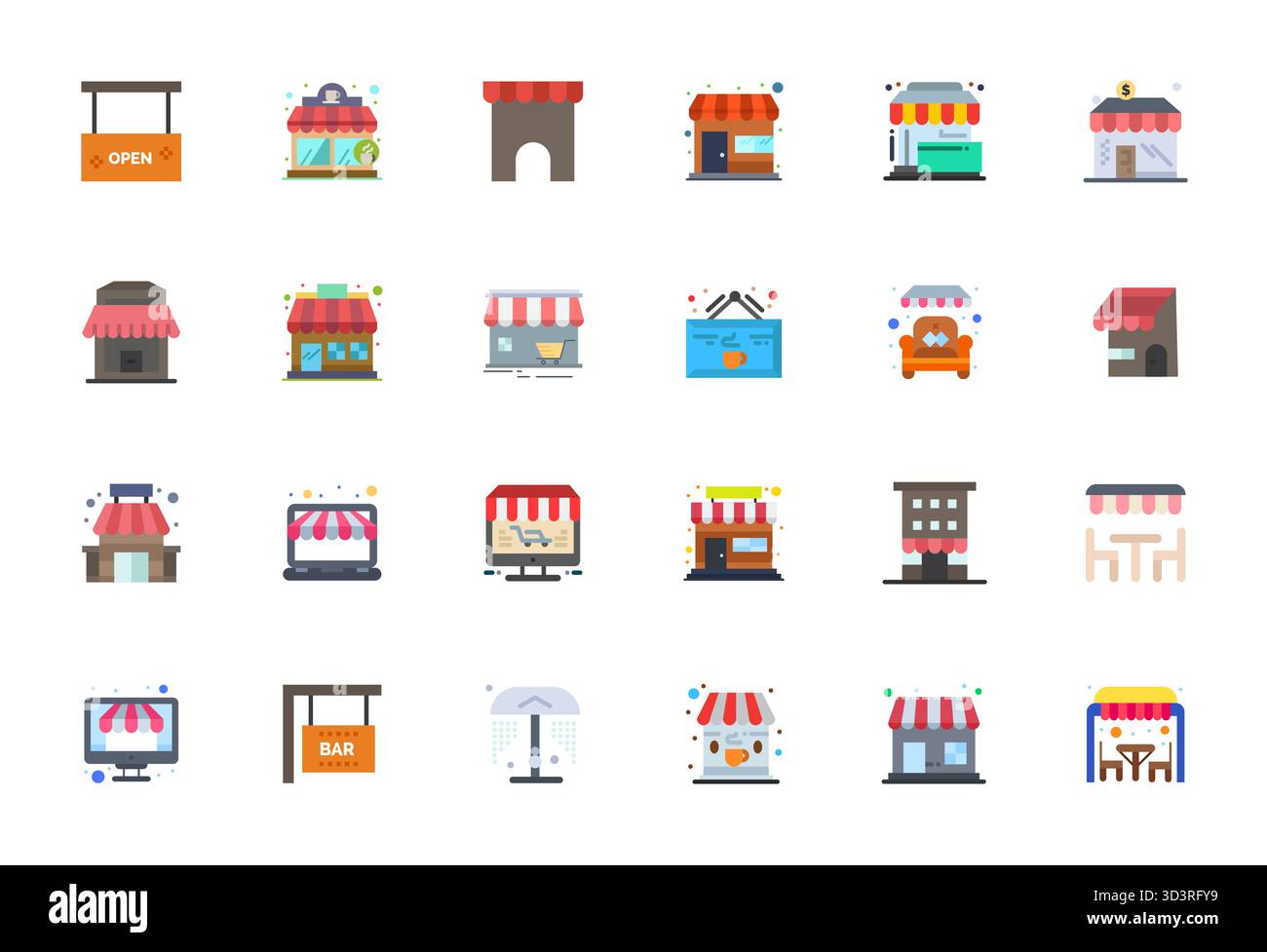 Innovatives Paket mit 24 Vektorsymbolen rund um Markise mit flachem Design im Format 128x128 Pixel für moderne digitale Lösungen. Stock Vektor