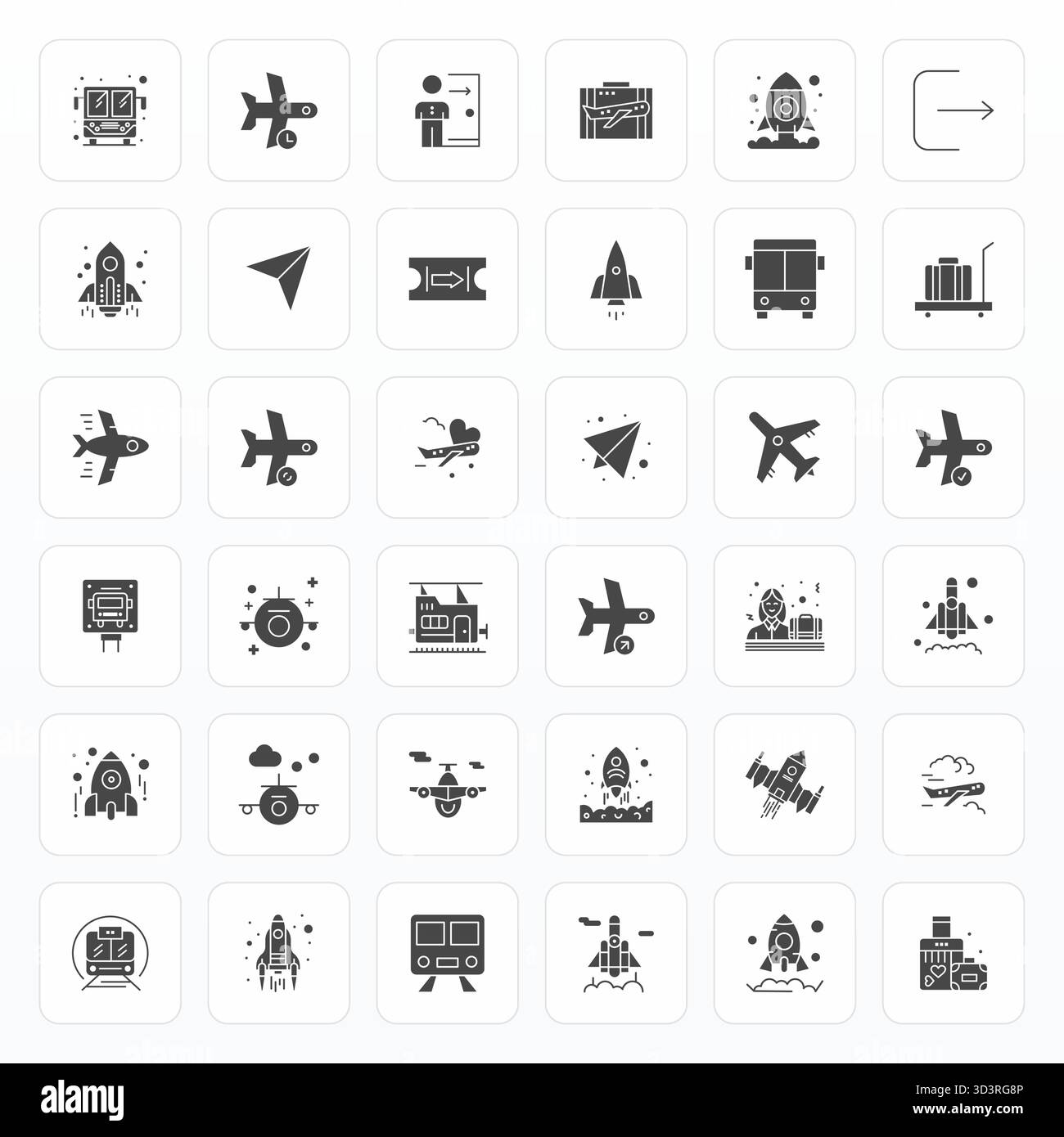 Strategisches Paket mit 36 Vektorsymbolen, die die Abfahrt im Glyph-Format darstellen, optimiert mit 128x128 Detail Enhanced Quality für professionelle Arbeit Stock Vektor