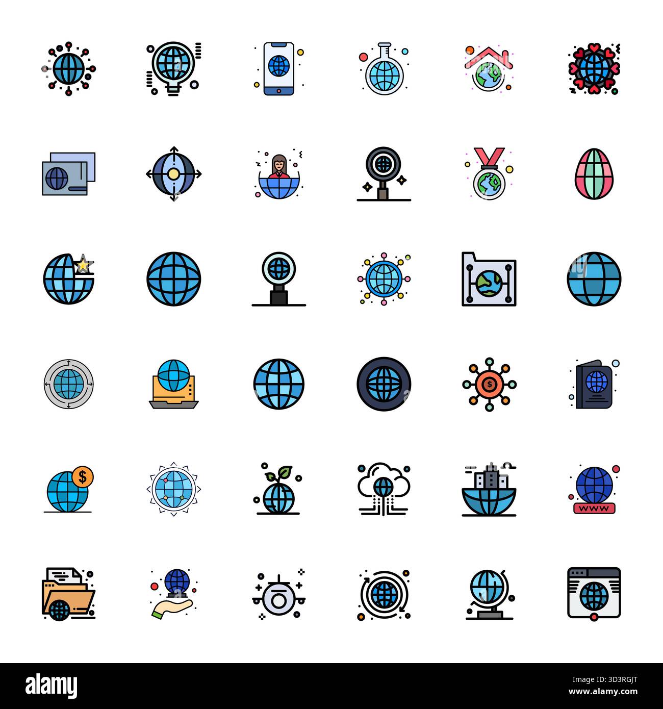 Laden Sie 36 skalierbare Vektorsymbole mit flachen Linien herunter, die für die Globalisierung entwickelt wurden und mit Pixel-ausgerichteter hoher Auflösung ausgestattet sind, die für Profess geeignet sind Stock Vektor