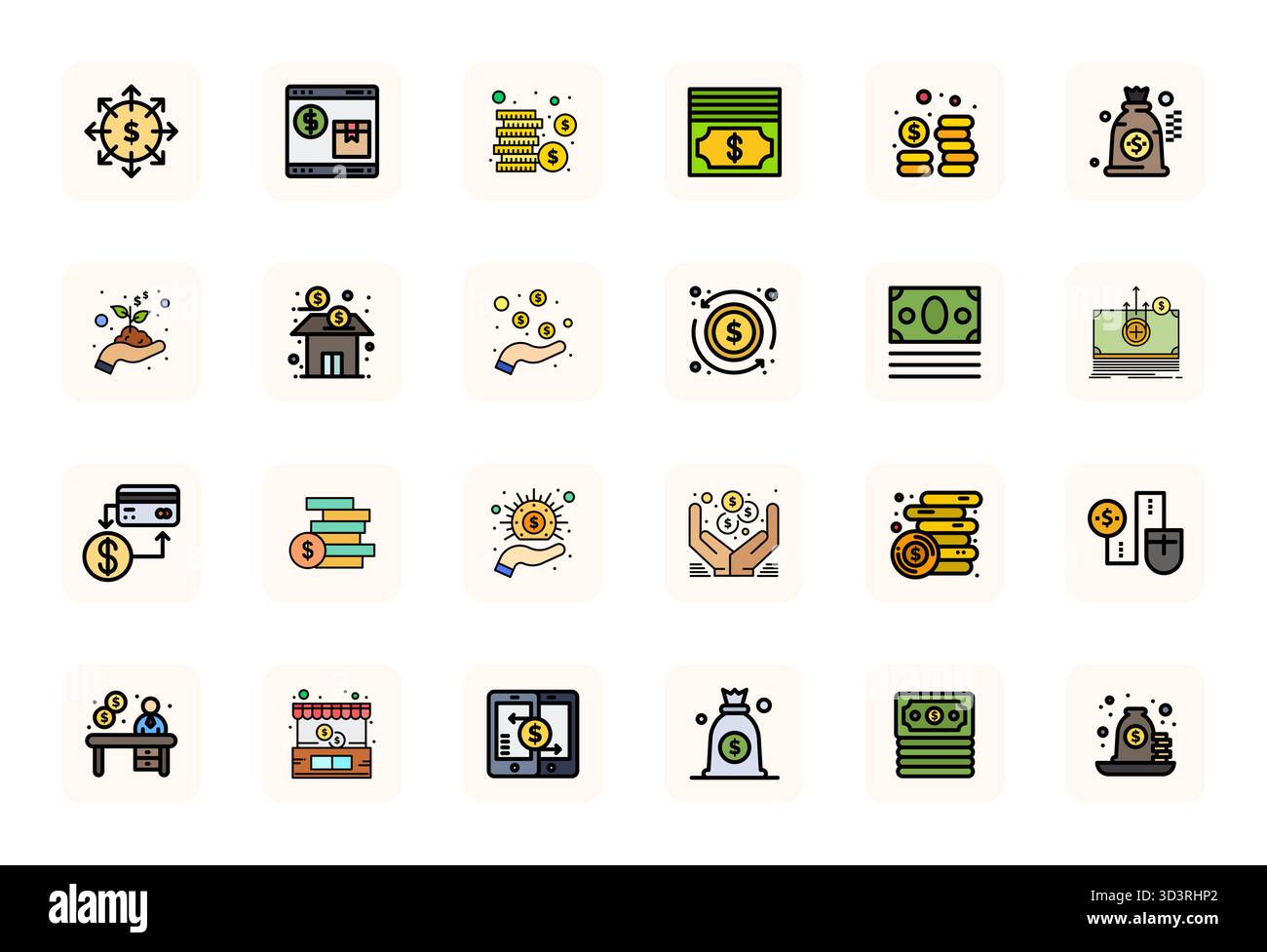 Raffiniertes Paket mit 24 LineFilled Vektorsymbolen für Dollar, optimiert mit 64x64 editierbarer Qualität für elegante und funktionale Designlösungen. Stock Vektor