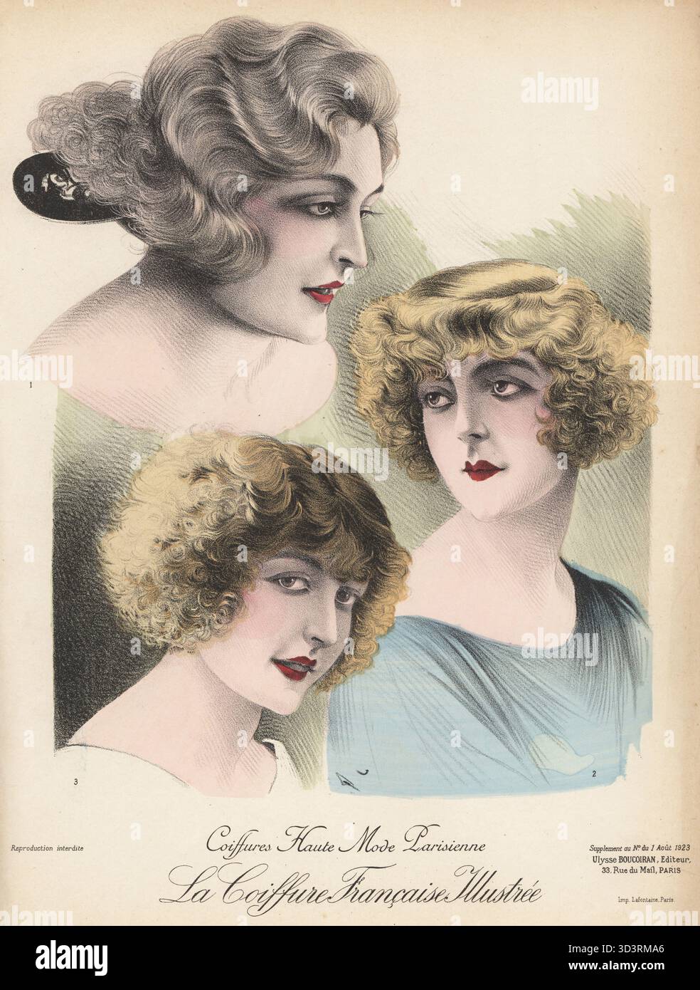 Frisuren in der neuesten Pariser Mode. Modell aus gewelltem bob mit Art déco-Haarkamm 1, Lockenbob 2 und 3. Coiffures Haute Mode Parisienne. Chromolithograph aus der französischen Friseurzeitschrift La Coiffure Illustrée, herausgegeben von Ulysse Boucoiran, 33 rue de Mail, Paris, August 1923. Stockfoto
