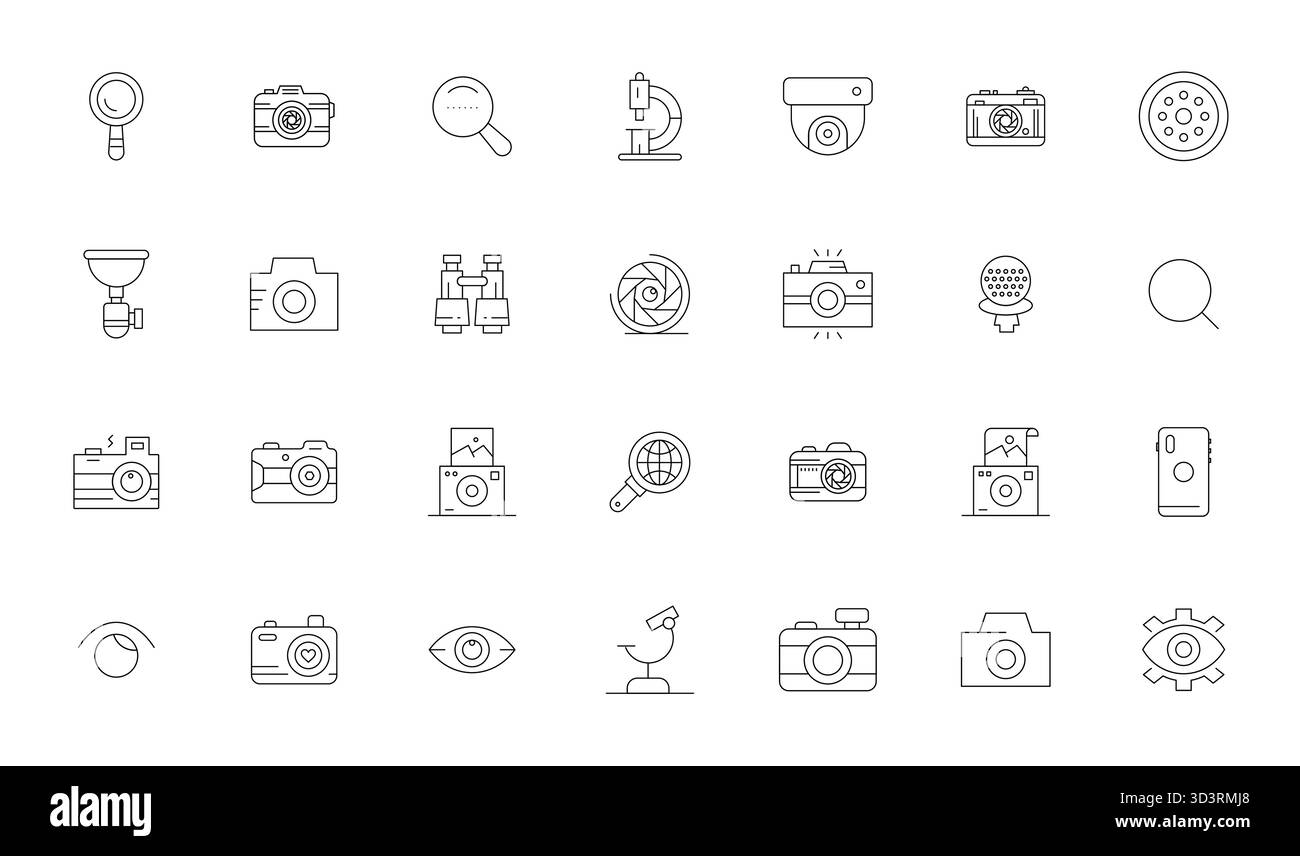 Wunderschön gerenderte 28 dünne Gitter-Vektorsymbole für Objektive, erstellt mit hoher Auflösung für beeindruckende visuelle Konsistenz auf der gesamten Platine Stock Vektor