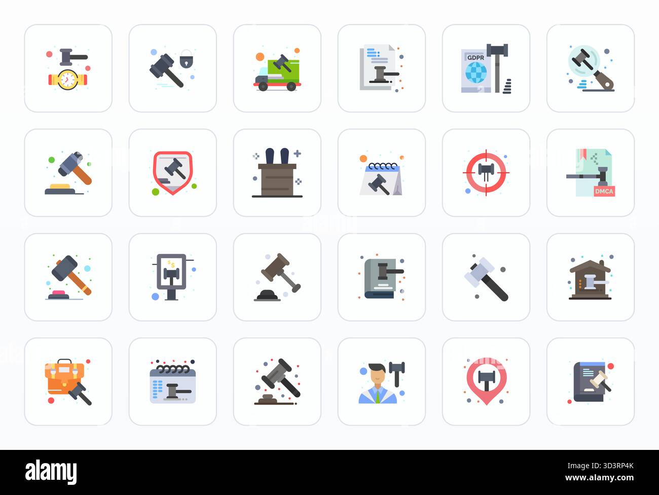 Raffiniertes Paket mit 24 flachen Vektorsymbolen für Gavel, optimiert mit editierbarer High Resolution-Qualität für elegante und funktionale Designlösungen. Stock Vektor