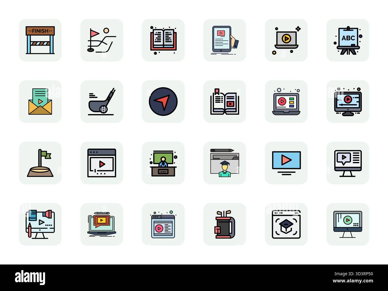 Außergewöhnliche Sammlung von 24 LineFilled Vektorsymbolen für den Kurs in einer optimierten Auflösung von 64x64 Pixeln für unvergleichliche visuelle Exzellenz und Stock Vektor
