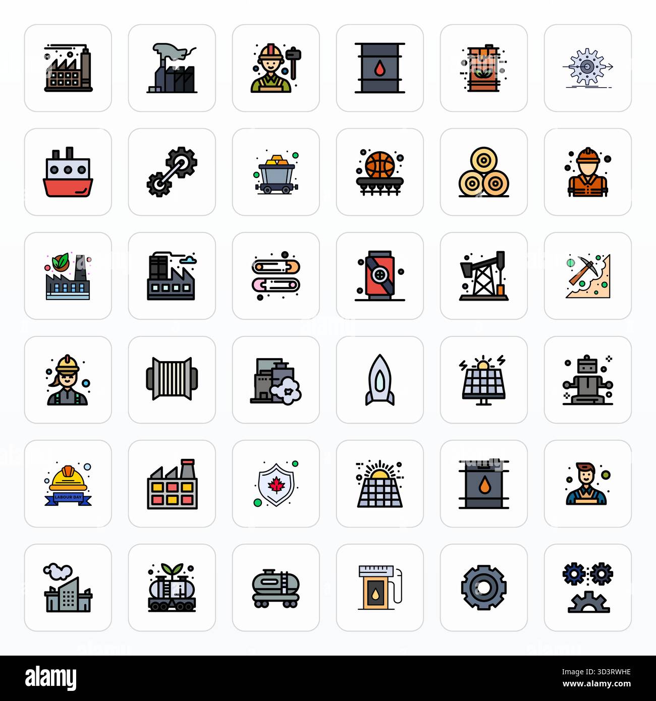 Eine übersichtliche Sammlung von 36 gefüllten Linien-Vektorsymbolen, die die Industrie repräsentieren, im bearbeitbaren Format 256 x 256 für moderne Dashboards und Schnittstellen. Stock Vektor