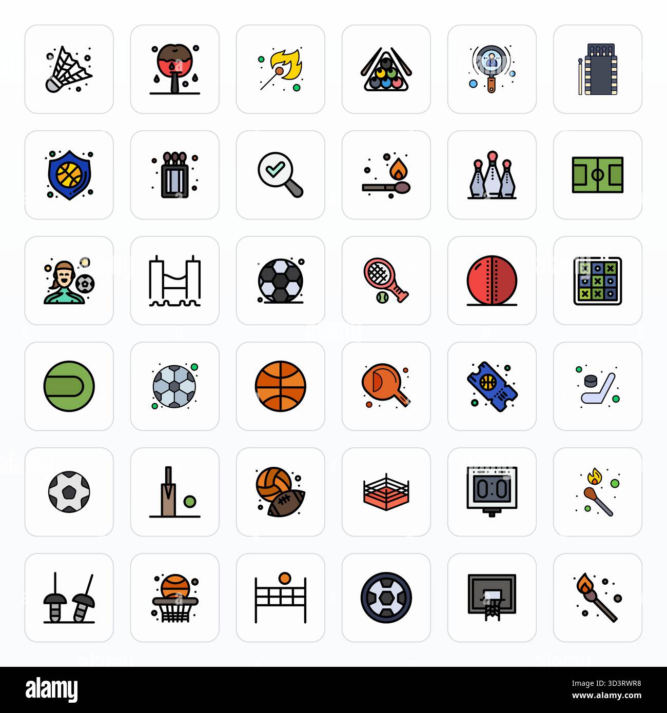 Professionell gestaltete 36 Vektorsymbole in Filled Line, die das Wesen des Matches mit 128x128 editierbarer Präzision für UI-Design erfassen. Stock Vektor
