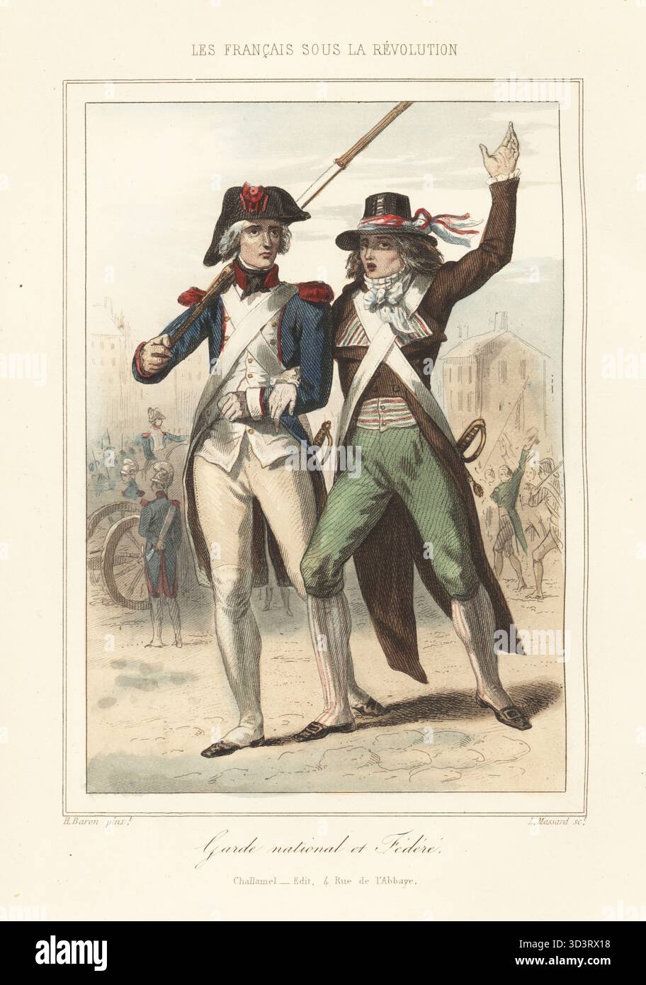 Bürgersoldaten oder Pariser Milizen, bekannt als Nationalgarde, gebildet am 14. Juli 1789. Mit einem Bundesmann, einem Revolutionär im Hut mit Dreikolordenband, bewaffnet mit einem Schwert. Le Soldat-citoyen, Garde national et Federe. Handkolorierter Stahlstich von Leopold Massard nach einer Illustration von Henri Baron aus Augustin Challamel und Wilhelm Tenint's Les Francais sous la Revolution, die Franzosen unter der Revolution, Challamel, Paris, 1843. Stockfoto