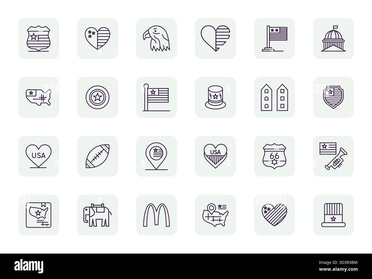 Umfassendes Toolkit mit 24 Vektorsymbolen, die sich um American drehen, entwickelt in Regular Bold Outline mit Retina Ready Pixel ausgerichteter Präzision für den umgekehrten Bereich Stock Vektor