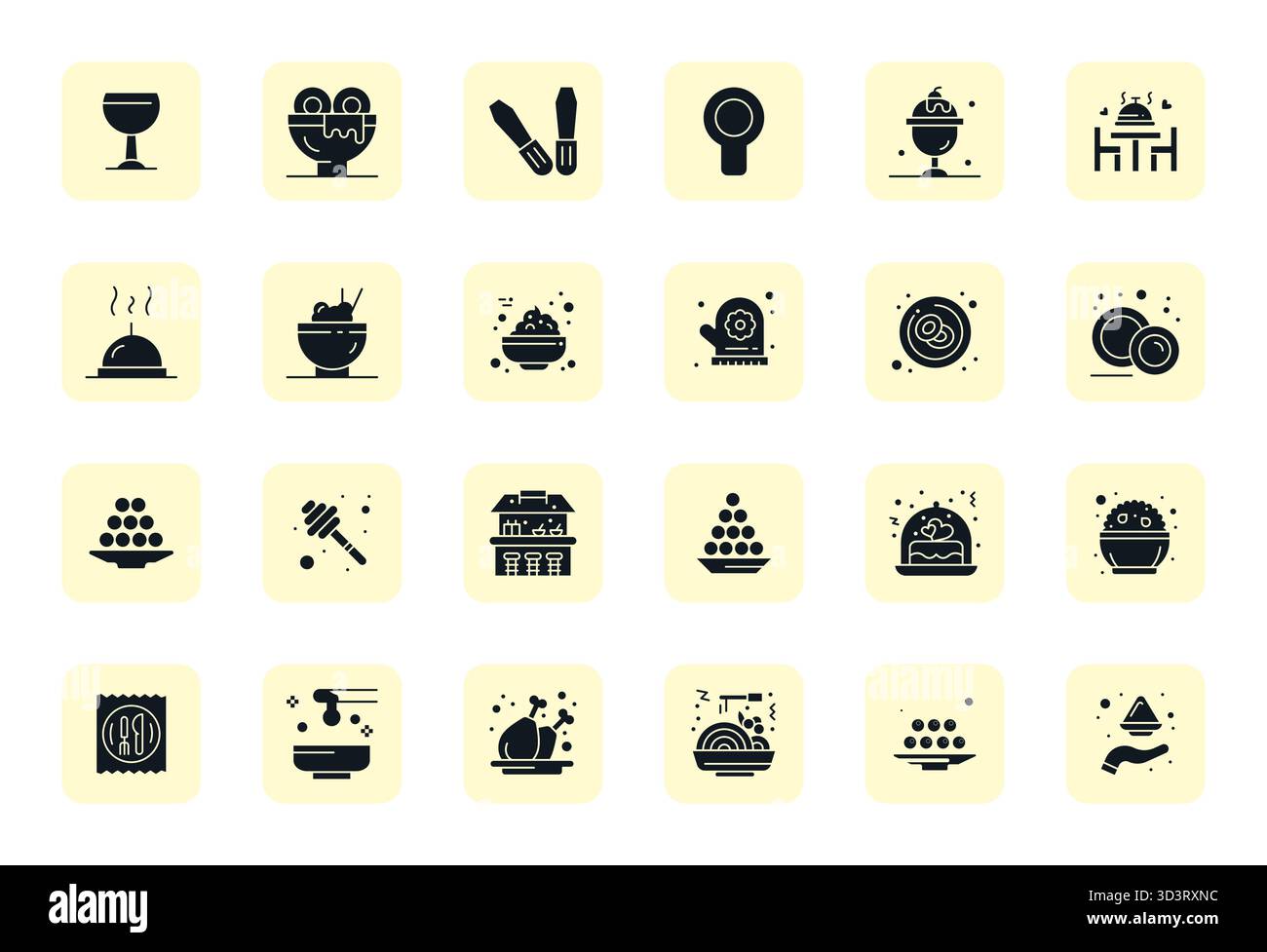 Raffiniertes Paket mit 24 gefüllten Vektorsymbolen zum Servieren, optimiert mit 256 x 256 bearbeitbarer Qualität für elegante und funktionale Designlösungen. Stock Vektor
