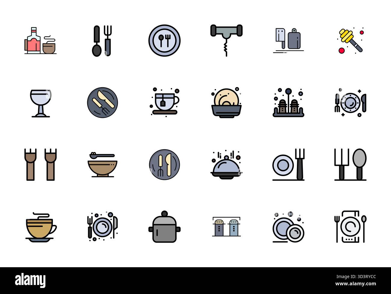 Perfekt ausgewogene, editierbare Vektorsymbole mit 24 Zeilen für Geschirr, Größe 256 x 256 für harmonische Integration in digitale Designprojekte. Stock Vektor